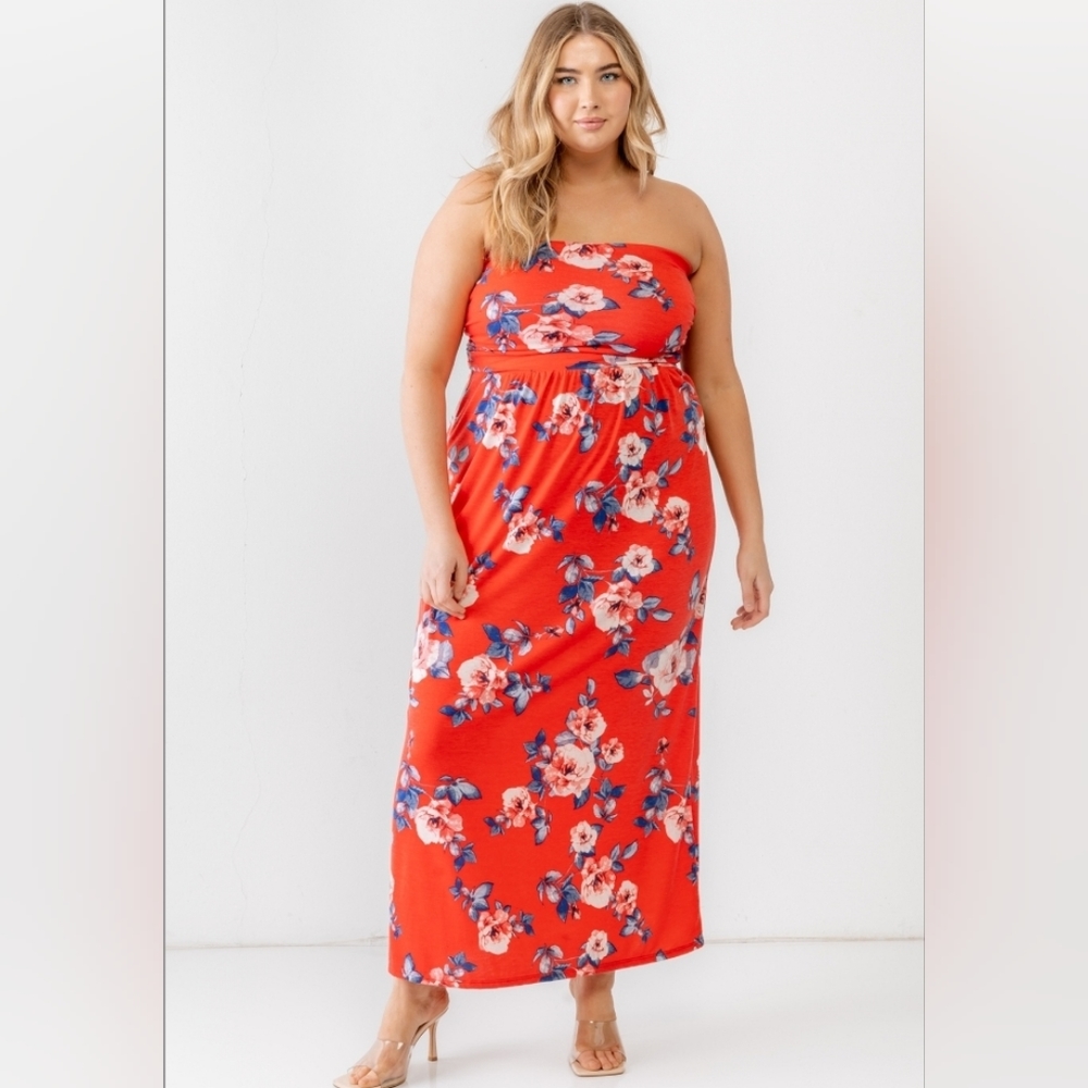 Plus Red Rose Print Ruched Strapless Midi Dress
